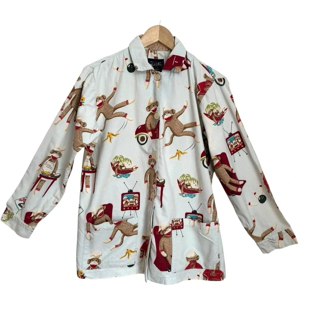 Nick & Nora Sock Monkey Pajama Top Sleepwear Womens‎ S Blue Whimsical Loungewear